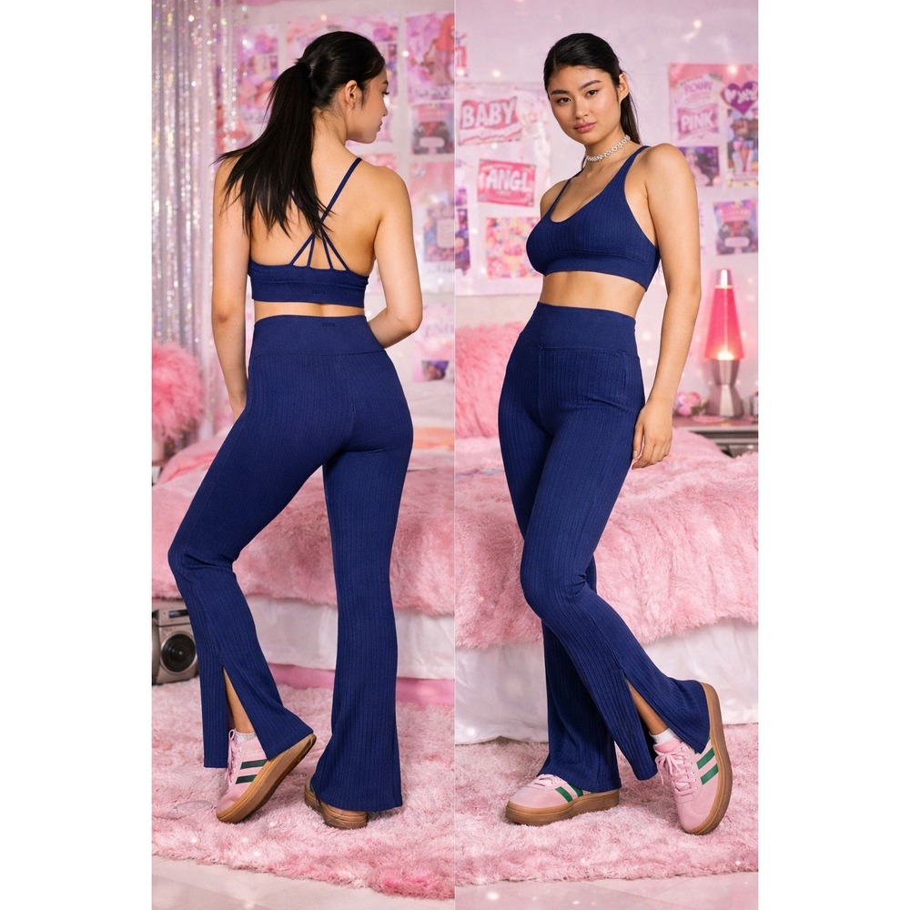 P2 PINK Victoria's Secret Seamless Cable Knit Flare Leggings Navy Blue Small NWT